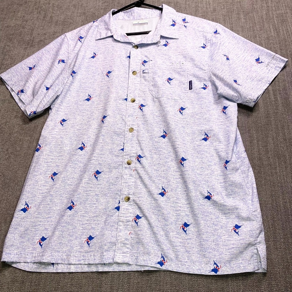 Columbia Shirt Mens Large White Blue Fish AOP PFG Lined Short Sleeve Button Up